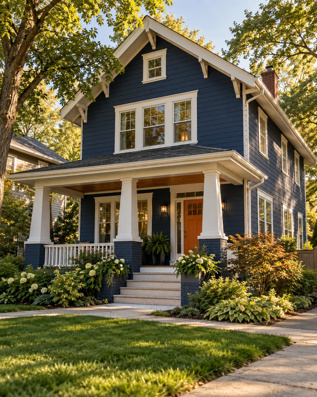 Navy siding, white trim and an orange door on a Craftsman-style home