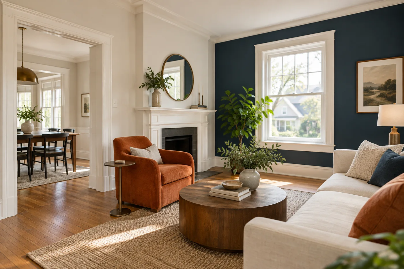 A navy accent wall, warm white trim and natural wood in a living room